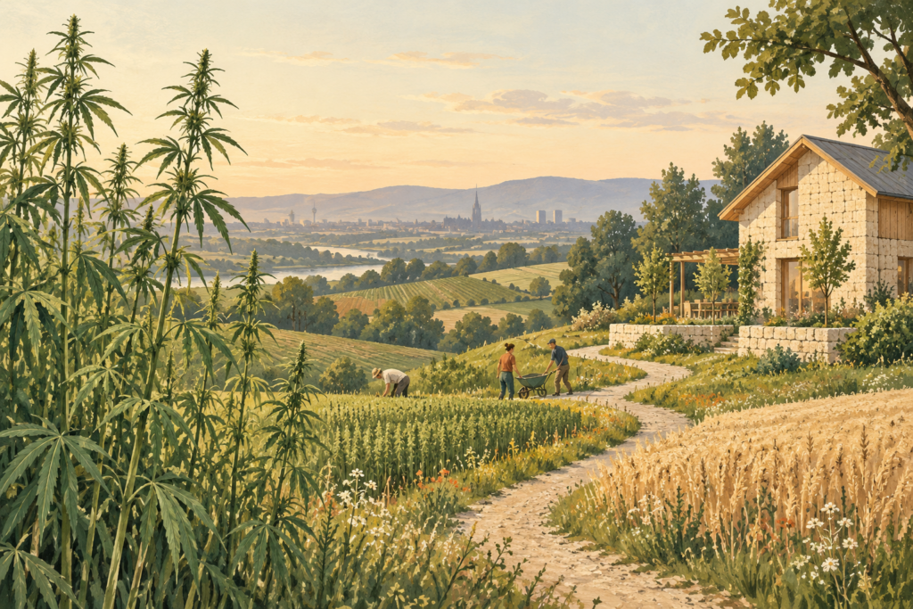 Symbolische Illustration: Faserhanffeld, regionale Zusammenarbeit und ein Haus aus natürlichen Baustoffen.